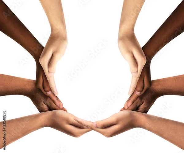 Fototapeta Conceptual symbol of multiracial human hands of a group people connected together as a supportive symbol that represents a sense of teamwork and togetherness. Symbol and shape created from hands.