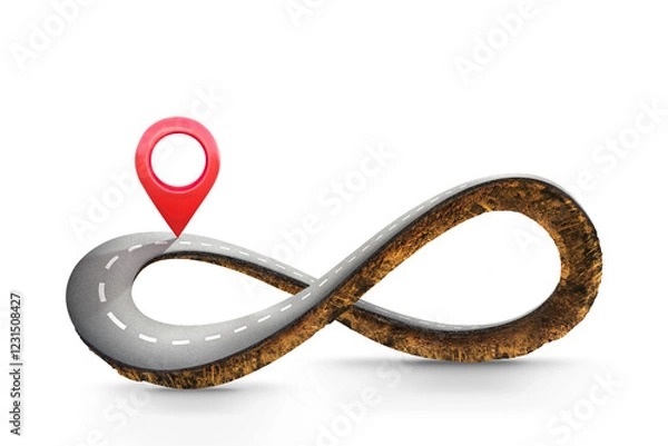 Fototapeta Infinity symbol road in adventure routeor insurance concept. Location pin icon on earth land with asphalt driveway isolated on background. 3d of infinity road or never ending road design advertisement
