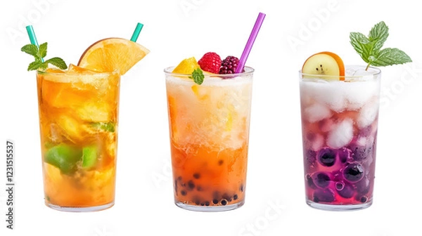Obraz Refreshing summer drinks displayed in clear glasses on a white background showcasing vibrant colors and fresh garnishes