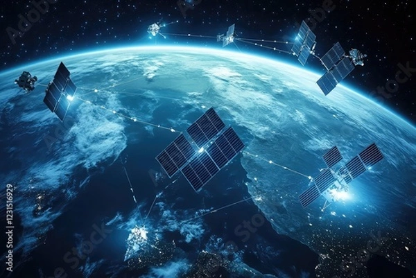 Obraz A glowing network of satellites orbiting the Earth, symbolizing advancements in global communication technology