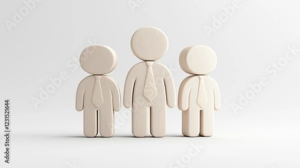 Fototapeta Wooden figures of businesspeople in suits on a plain white background. Concept of teamwork and business collaboration.