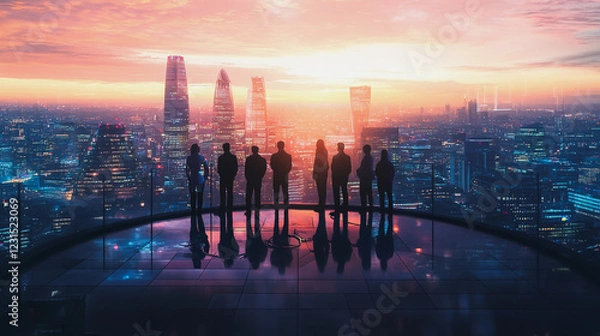 Fototapeta Abstract business team stands on the peak of success amid tall, innovative Smart city and graphs with statistics to analyze business potential and predict future developments in company growth.