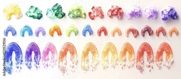 Fototapeta Colorful collection of artistic chalk and paint rainbows on white background featuring red, orange, yellow, green, blue, purple in layered arrangement