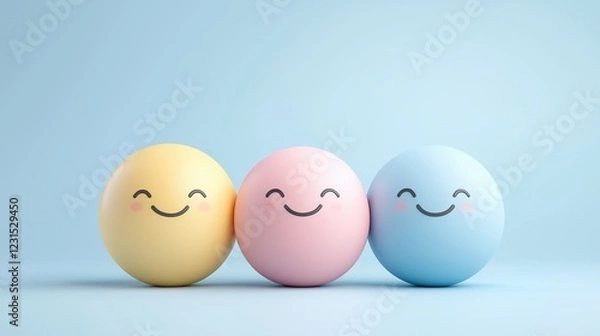 Obraz Smiling pastel-colored spheres with faces on a blue background. happiness and positivity concept