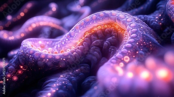 Fototapeta Fantasy-inspired bioluminescent octopus with glowing details in an oceanic setting.
