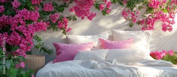 Obraz Serene bedroom scene featuring a white bed with pink pillows surrounded by vibrant pink flowers on a soft wall for a tranquil summer atmosphere
