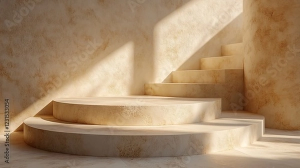 Fototapeta Marble staircase with sunlight casting strong geometric shadows
