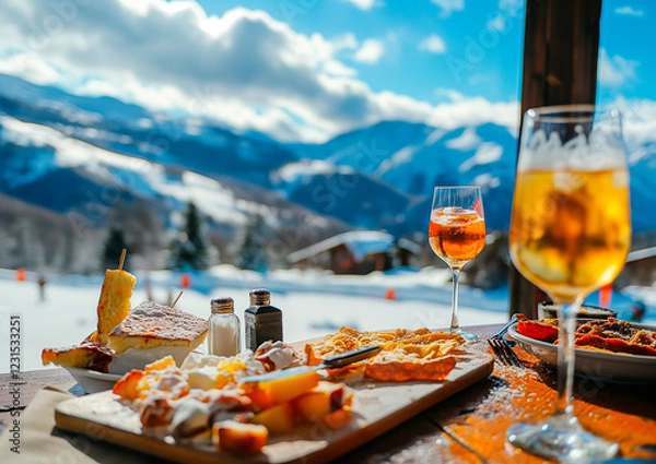 Obraz snack on an alpine restaurant in the mountains , winter and skiing