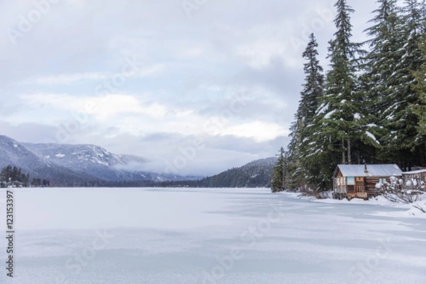Fototapeta Winter at Whistler British Columbia, Canada. Winter wonderland in the Pacific North West. Winter cabin covered in snow with forest and mountain background. 