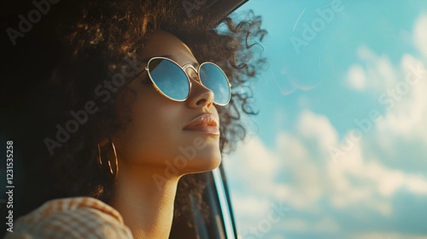 Obraz A person with curly hair gazing out of a car window during golden hour. Capturing a travel moment, journey, peaceful reflection, and serene outdoor experience