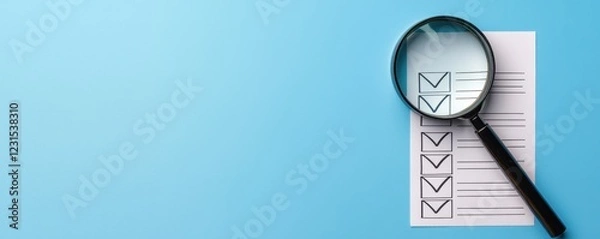 Obraz goal setting motivation evaluation concept. Magnifying glass over a checklist on a light blue background.