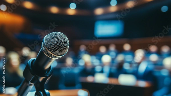 Fototapeta A microphone stands in focus in a large conference hall, with a blurred audience in the background, symbolizing public speaking, debate, or legal proceedings.  
