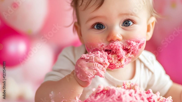 Fototapeta Adorable baby with messy face and pink frosting from birthday cake. Celebrating first birthday with chubby cheeks, big blue eyes, and joyful expression