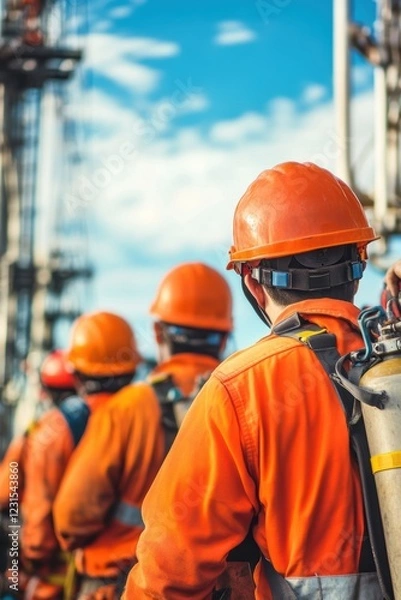 Fototapeta Construction workers in orange uniforms and helmets at a drilling site, focusing on safety protocols, teamwork, and industrial operations under clear blue skies.