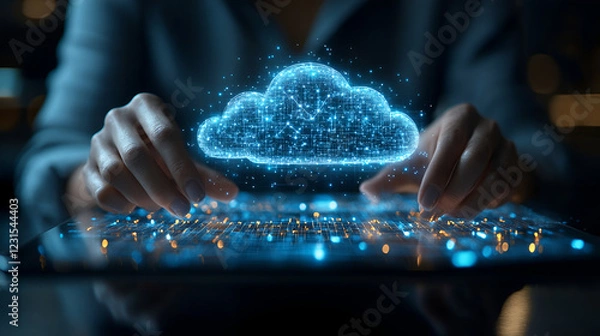 Fototapeta Person using a tablet with holographic cloud, digital connections, data storage, technology advancement