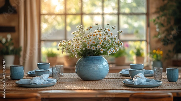 Obraz Beautifully set dining table with white daisies in a blue ceramic vase, inviting meal setting, home decor