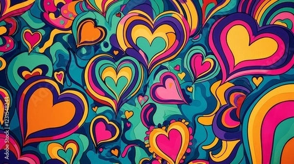 Obraz A psychedelic neon backdrop with swirling rainbow colored hearts and trippy patterns, bold contrasts, surreal feel