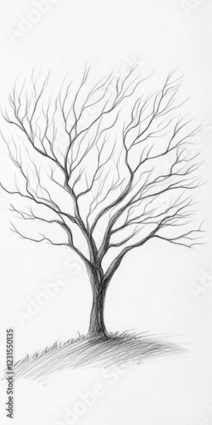 Fototapeta A tree is drawn in black and white. The tree is bare and has no leaves. The trunk is thin and the branches are sparse