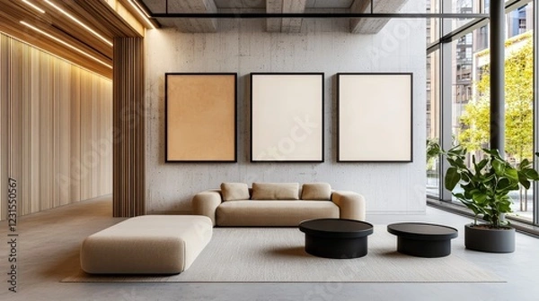 Obraz Modern and Minimalist Living Room with Light Colors, Large Windows, and Simple Decorative Elements