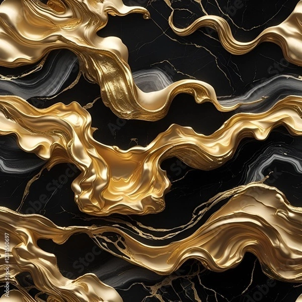 Obraz Liquid Gold: Abstract Waves in Black and Metal