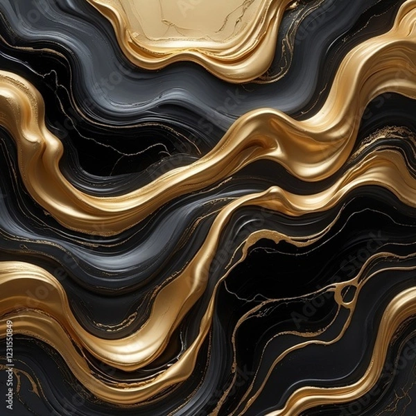 Obraz Liquid Gold: Abstract Waves in Black and Metal