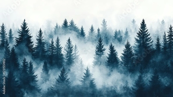 Fototapeta Misty mountain forest landscape, digital art, serene background, website design