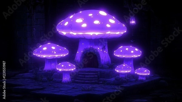 Obraz Glowing Purple Mushrooms Enchanting a Dark Forest Scene