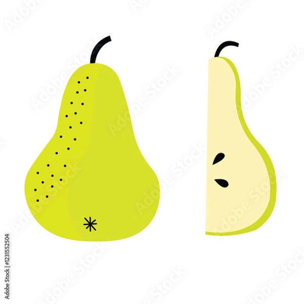 Obraz Illustration of a green pear whole and sliced with seeds on white background in flat style