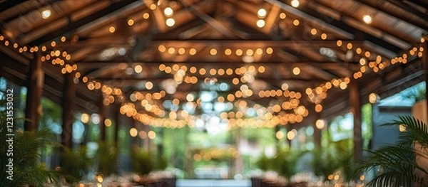 Fototapeta Rustic venue with blurred hanging string lights in warm yellow tones throughout wooden beams and greenery creating a cozy atmosphere.