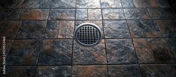 Fototapeta Elegant stone tiled shower floor with gray and brown tones, featuring a central drain and modern tiles, creating a stylish bathroom atmosphere.