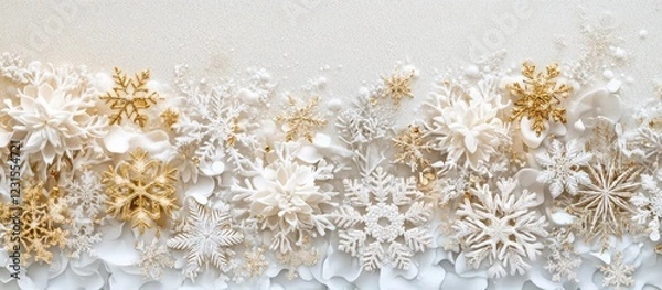 Fototapeta Festive Christmas border design with white and gold snowflakes evenly arranged at the top against a light background, perfect for seasonal themes.