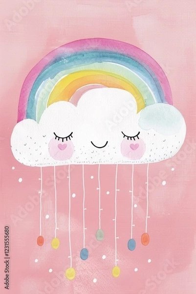 Fototapeta A boho-style rainbow and cloud illustration with soft, muted colors and a friendly expression.