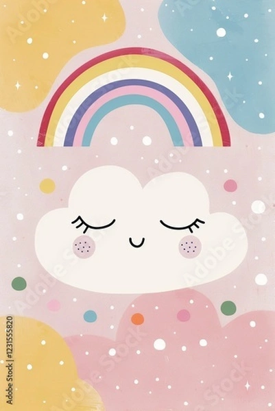 Fototapeta A fun and vibrant digital drawing of a cute rainbow resting on a fluffy, blushing cloud.