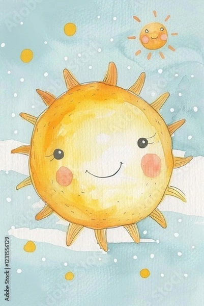 Fototapeta A vibrant, golden sun with tiny freckles and a happy expression brightens the dreamy pastel background.