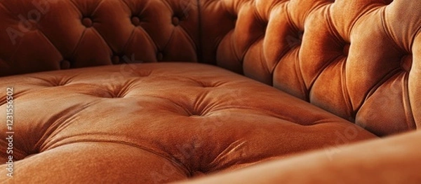 Fototapeta Elegant brown tufted leather sofa cushion with plush texture, showcasing a warm earth tone, featuring deep button details and a cozy ambiance.