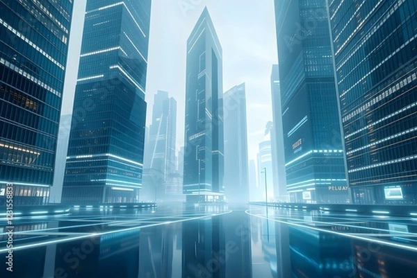 Fototapeta High-tech 3D-rendered background featuring sleek skyscrapers and ambient reflections
