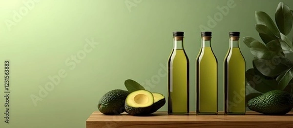 Fototapeta Avocado oil bottles arranged on a wooden shelf with fresh avocados on the side, against a soft green gradient background creating a natural aesthetic.