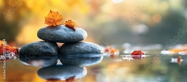 Fototapeta Tranquil stacked stones with autumn leaves on water surface reflecting warm orange and golden hues creating a serene work life balance atmosphere