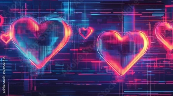 Fototapeta Digital poster with bright neon hearts and glitch effects, urban vibe, dynamic layout, cyberpunk style