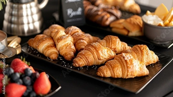 Obraz Breakfast Buffet: A spread of croissants, scrambled eggs, fruit platters, and coffee urns. Catering. Hotel. Morning.