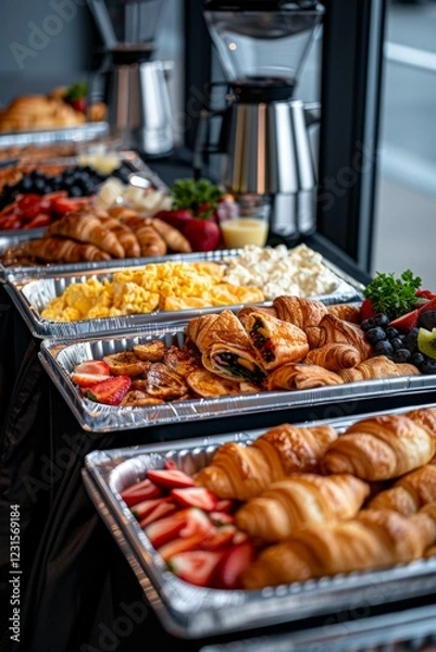 Fototapeta Breakfast Buffet: A spread of croissants, scrambled eggs, fruit platters, and coffee urns. Catering. Hotel. Morning.