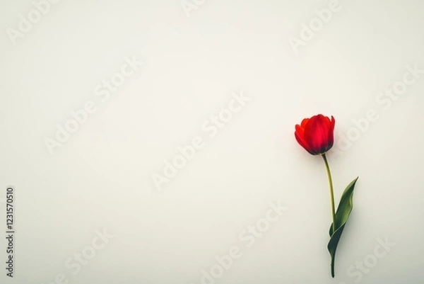 Fototapeta Single red tulip on white background; minimalist floral design; greeting card