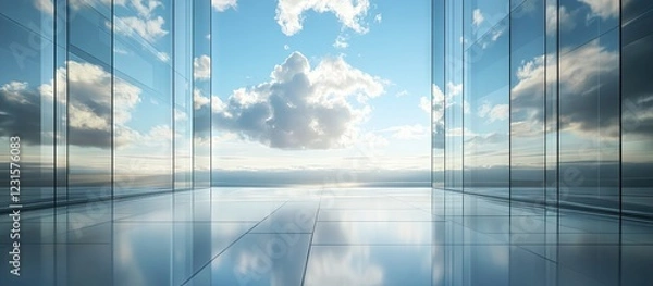 Fototapeta Modern glass interior with bright blue sky and fluffy clouds reflecting on floor, showcasing a serene and open atmosphere with clear horizon.