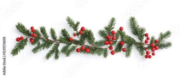 Obraz Festive Christmas border design with lush green fir branches and bright red berries against a pristine white background for holiday themes