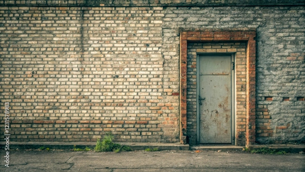 Fototapeta Industrial old brick wall with a wooden door. The texture and color of the brick emphasize the atmosphere of time and urban minimalism.