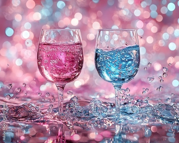 Fototapeta Two glasses of pink and blue water with splashes on a sparkling background.