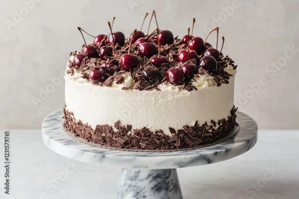 Fototapeta Delicious black forest cake topped with cherries kitchen food photography bright and inviting environment close-up view celebrating culinary artistry