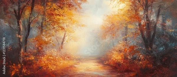 Obraz Autumn forest landscape with vibrant orange and yellow foliage, fog, and soft sunlight illuminating a serene pathway in the distance