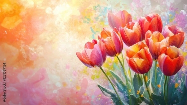 Obraz Vibrant painting of red tulips with colorful background