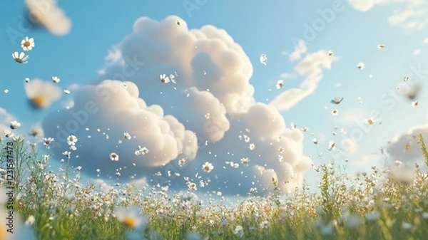 Fototapeta Serene field of daisies with fluffy clouds under blue sky